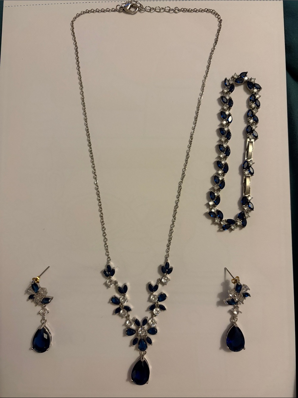 Silver-tone Blue Teardrop Necklace, Bracket & Earring Set